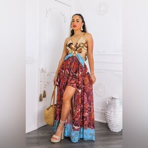 Bohemian Paisley Maxi Dress with Blue Accents